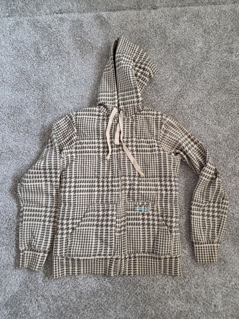 Vintage Matix Houndstooth Zip Hoodie Sweatshirt - Tan & Camo Green